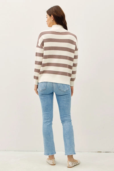 Brynn Striped Quarter Zip Sweater- Mocha