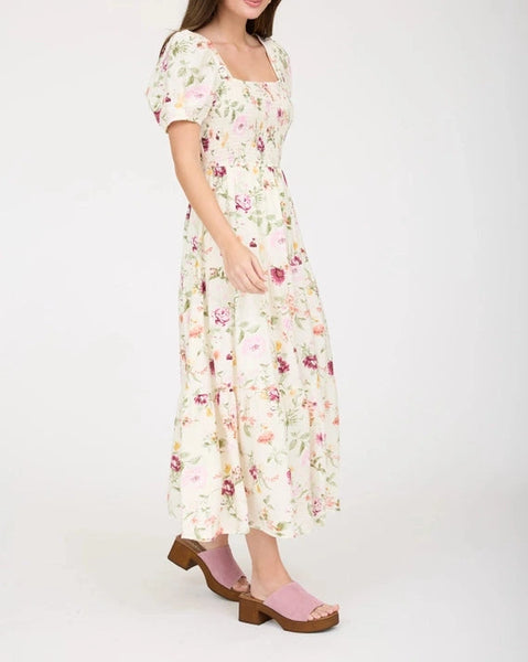 Tamara Floral Puff Sleeve Midi Dress- Ivory
