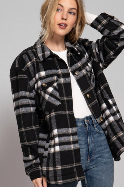 Fleece Lined Plaid Jacket- Black