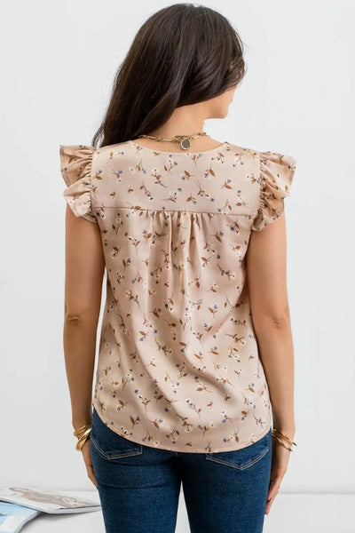 Embry Floral Print Satin Top- Khaki