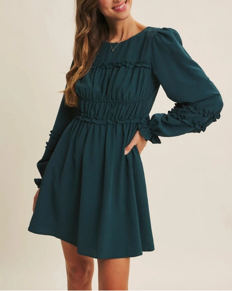 Leona Shirred Mini Dress- Deep Green