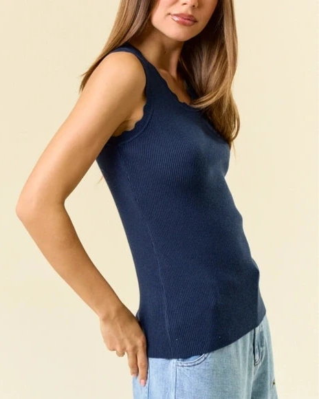 Adalee Scalloped Scoop Neck Sweater Tank- Navy