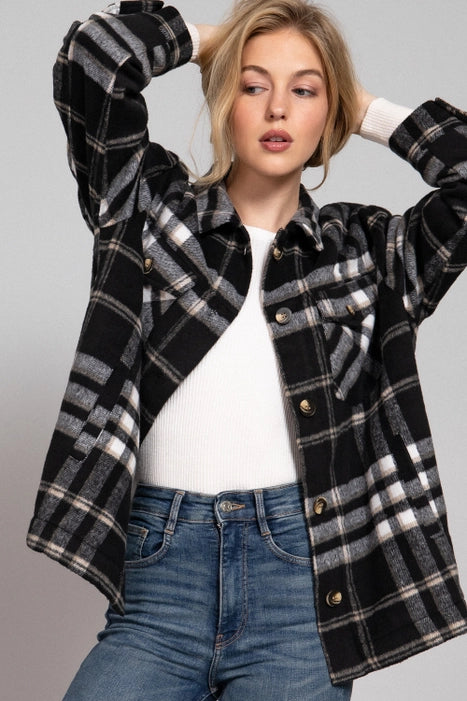 Fleece Lined Plaid Jacket- Black