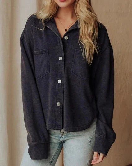 Willow Washed Soft Button Front Top- Navy