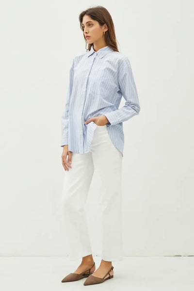 Julia Classic Pinstripe Button Front Top- Dusty Blue