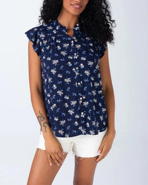 Gretchen Floral Flutter Sleeve Top- Navy