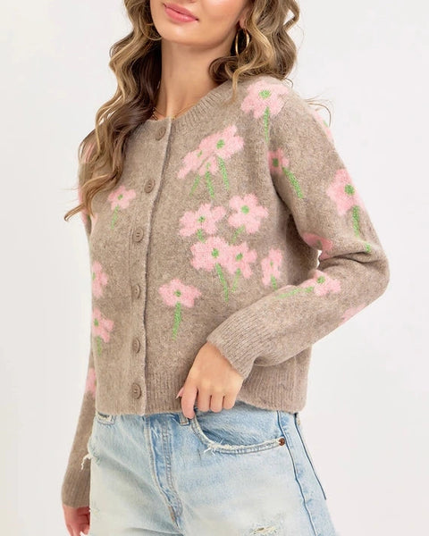 Carmen Cozy Floral Cardigan- Latte