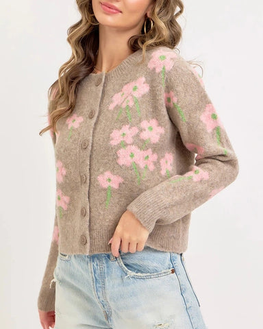 Carmen Cozy Floral Cardigan- Latte