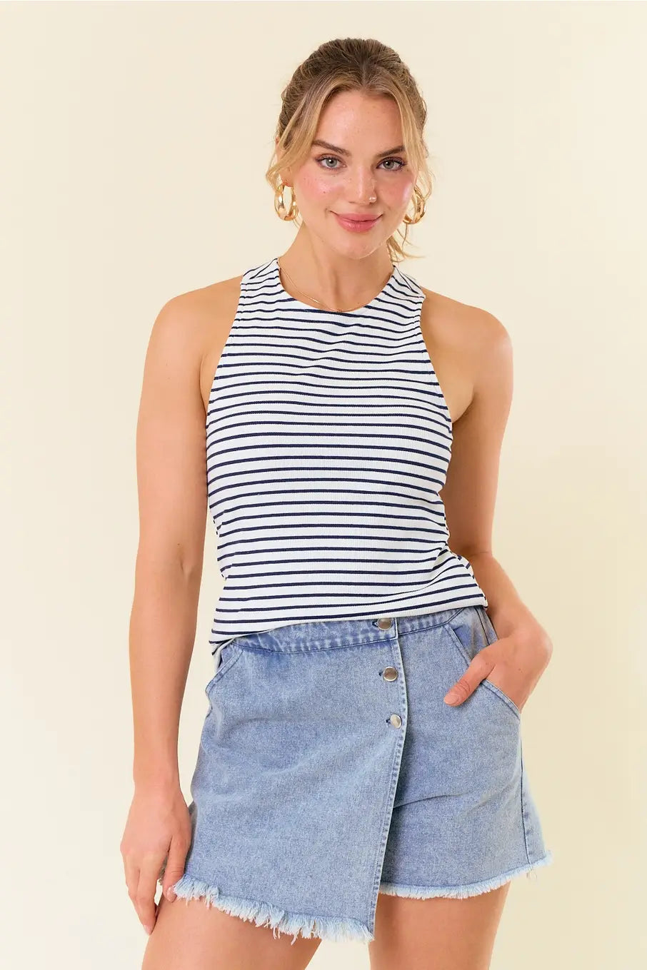 Sydney Cut Out Striped Tank- Navy