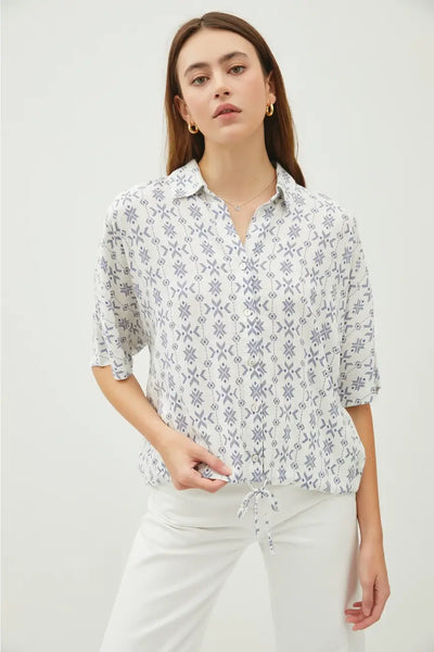 Hadley Floral Print Half Sleeve Button Front Top- White & Navy