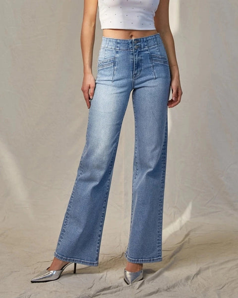 Mica High Rise Wide Leg Double Button Jeans- Light Wash