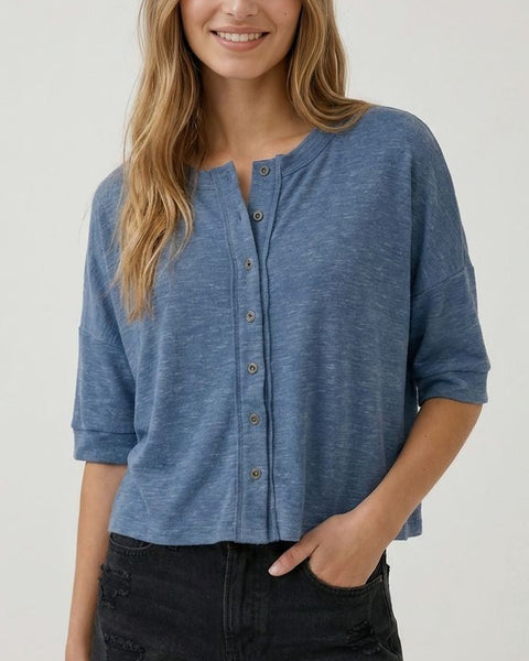 Brooke Button Front Boxy Knit Top- Denim