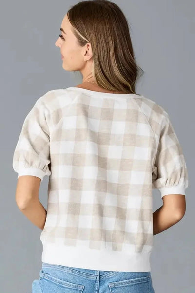 Tate Puff Sleeve Check Top- Taupe