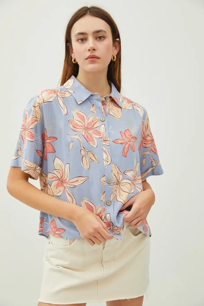 Taylyn Floral Button Front Top- Chambray Blue