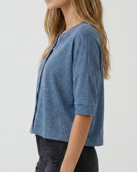 Brooke Button Front Boxy Knit Top- Denim