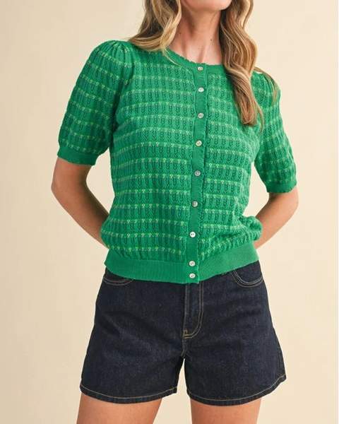 Birdie Pointelle Puff Sleeve Top- Green