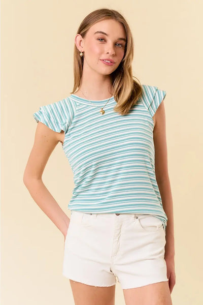 Vivian Soft Ribbed Flutter Sleeve Top- Seafoam