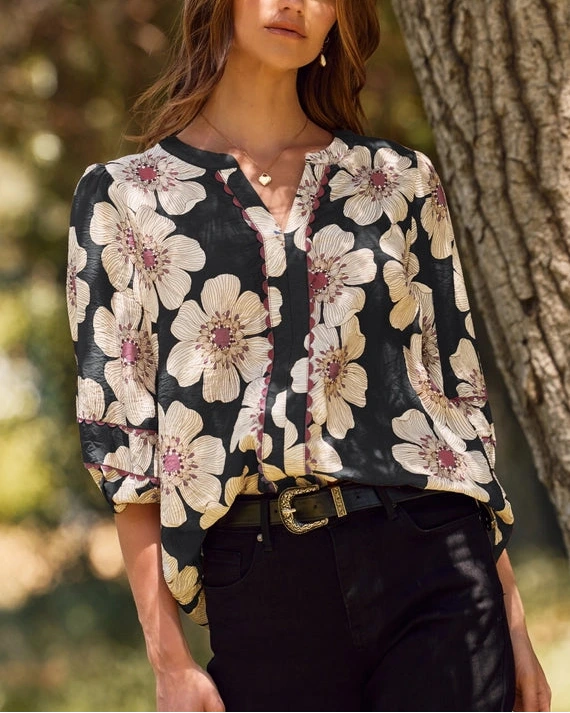 Taylyn Floral Print Top- Charcoal Multi