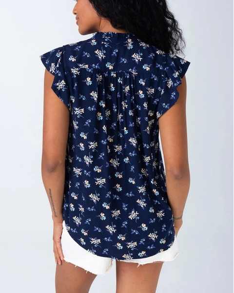 Gretchen Floral Flutter Sleeve Top- Navy