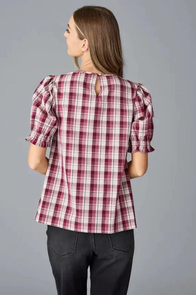 Jolie Plaid Puff Sleeve Top- Burgundy Combo