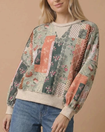 Trista Patchwork Print Top- Olive/Oatmeal