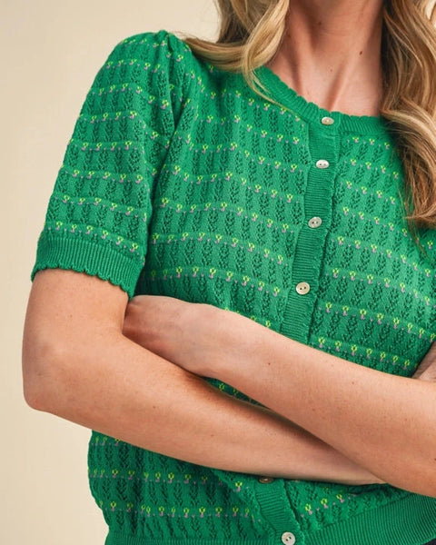 Birdie Pointelle Puff Sleeve Top- Green