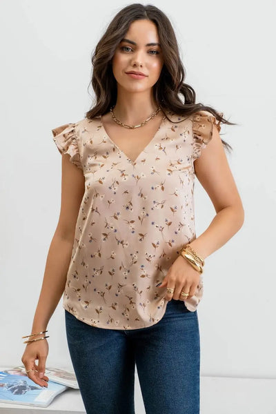 Embry Floral Print Satin Top- Khaki