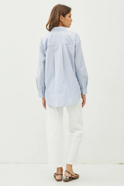 Julia Classic Pinstripe Button Front Top- Dusty Blue