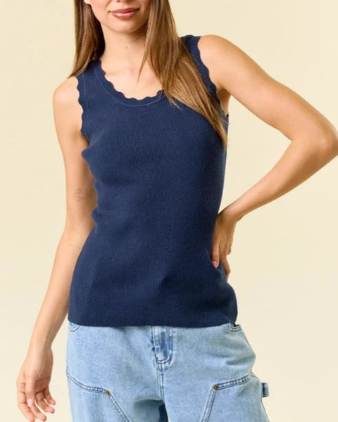 Adalee Scalloped Scoop Neck Sweater Tank- Navy