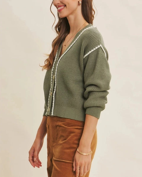 Hayden Contrast Stitch Cardigan- Matcha