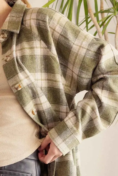 Oversized Button Front Plaid Shirt- Olive