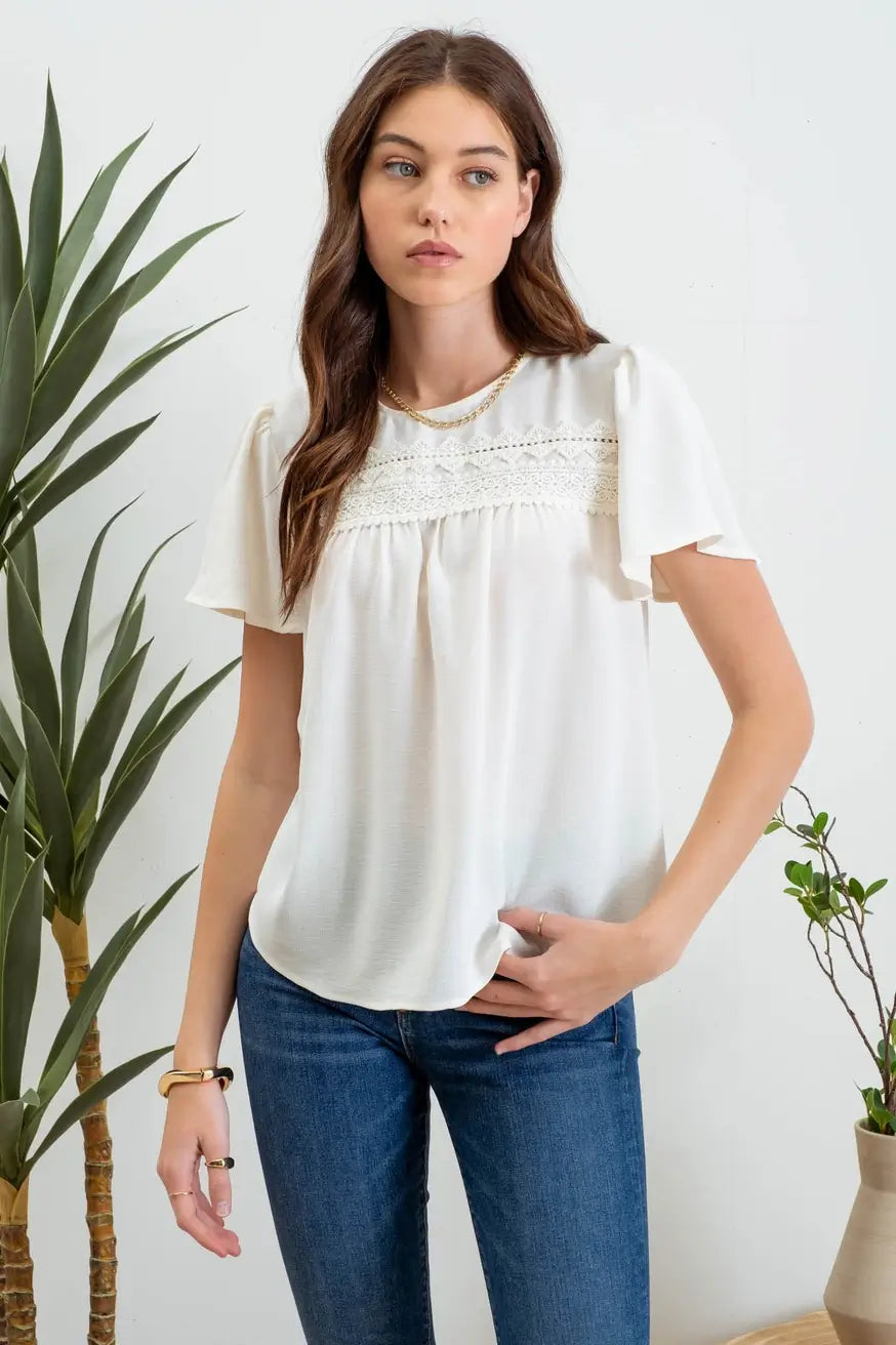 Thea Lace Trim Top- Cream