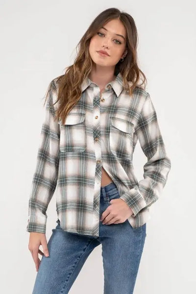 Hallie Plaid Button Down Top- Green