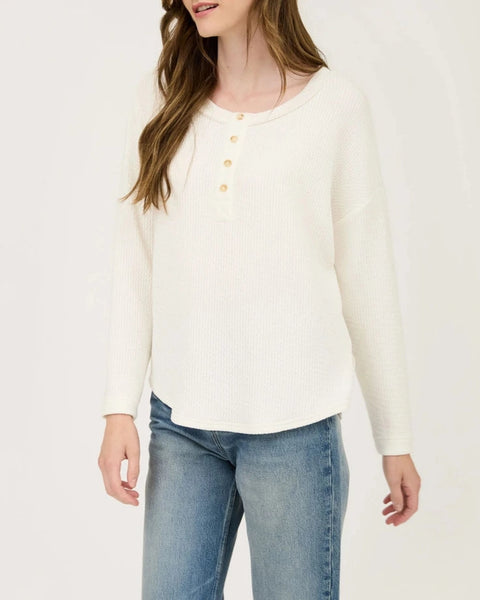 Kayla Waffle Knit Henley Top- Cream