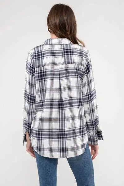 Harlow Plaid Button Down Top- Navy