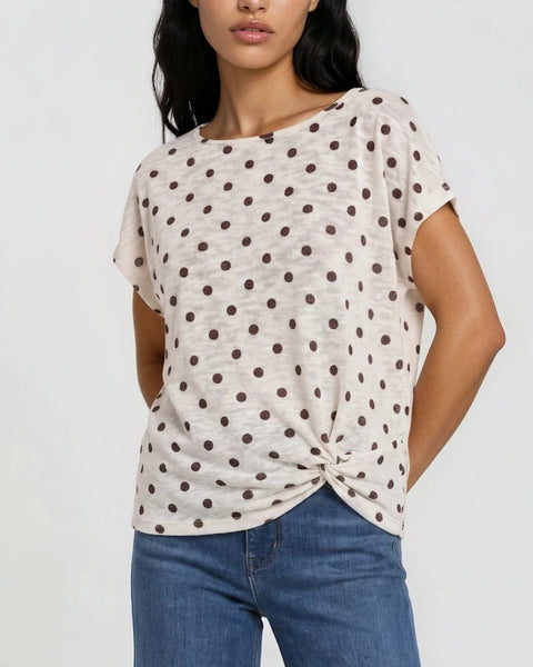 Kinley Twist Front Polka Dot Top- White/Brown
