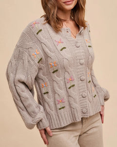 Flannery Embroidered Cardigan- Taupe