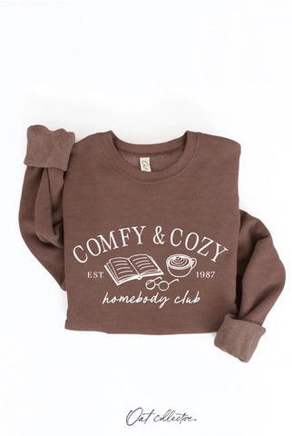 Comfy & Cozy Homebody Club Graphic Sweatshirt- Chocolate