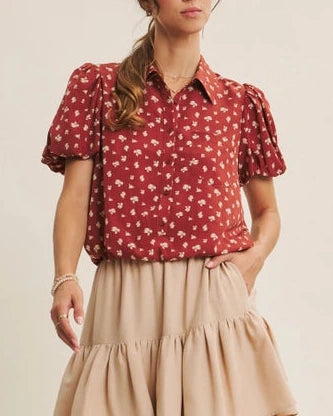 Kayla Floral Bubble Hem Top- Brick