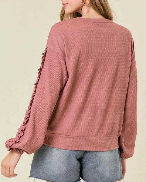 Julianna Textured Ruffle Sleeve Top- Dark Rose