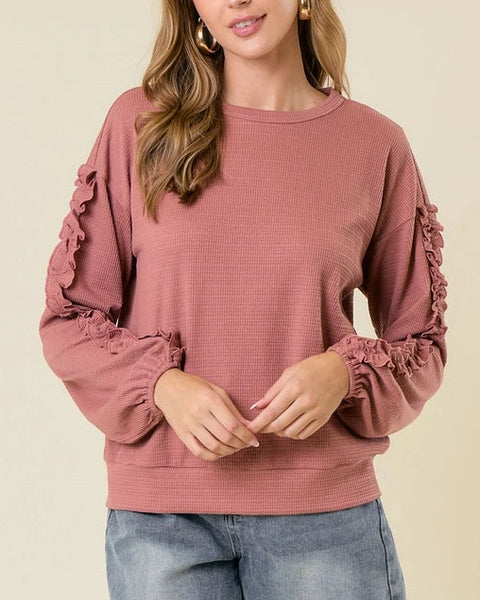 Julianna Textured Ruffle Sleeve Top- Dark Rose