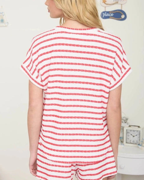 Ronnie Textured Stripe Top- Red
