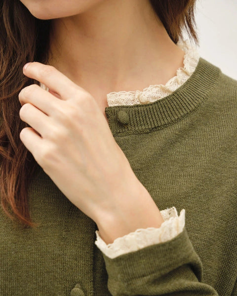 Paris Lace Trim Cardigan- Winter Forest