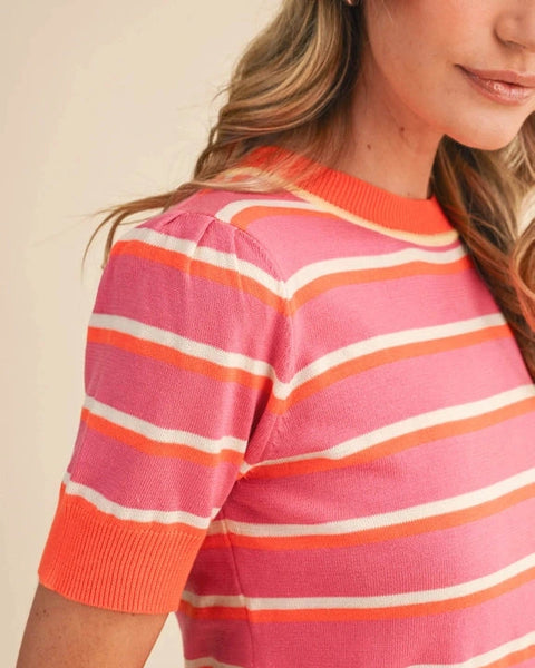 Indie Short Sleeve Stripe Top- Rose