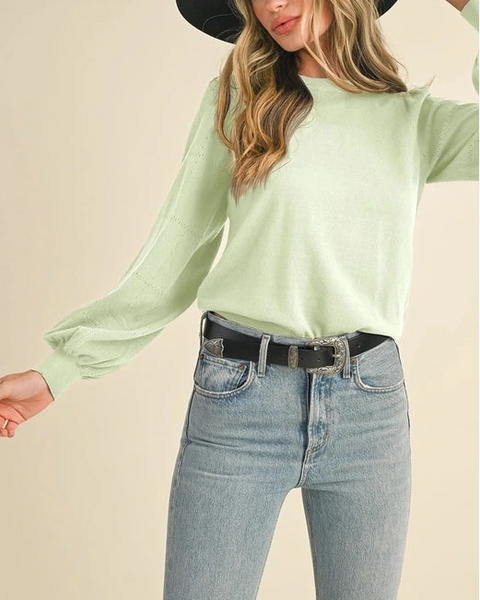Vivian Pointelle Puff Sleeve Sweater Top- Matcha
