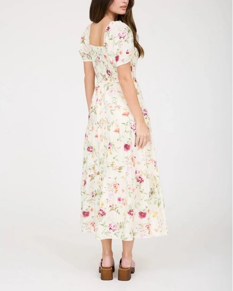 Tamara Floral Puff Sleeve Midi Dress- Ivory