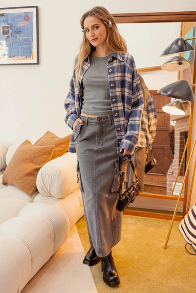 Oversized Button Front Plaid Shirt- Denim