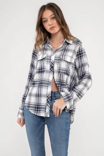 Harlow Plaid Button Down Top- Navy