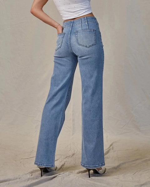 Mica High Rise Wide Leg Double Button Jeans- Light Wash