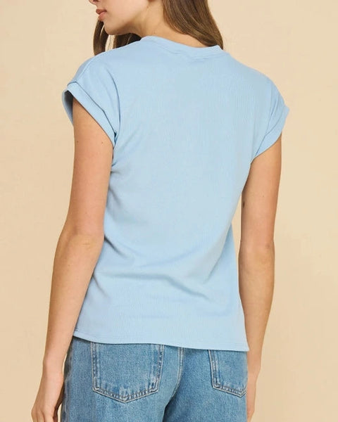 Kaia Ribbed Cuff Sleeve Top- Light Blue